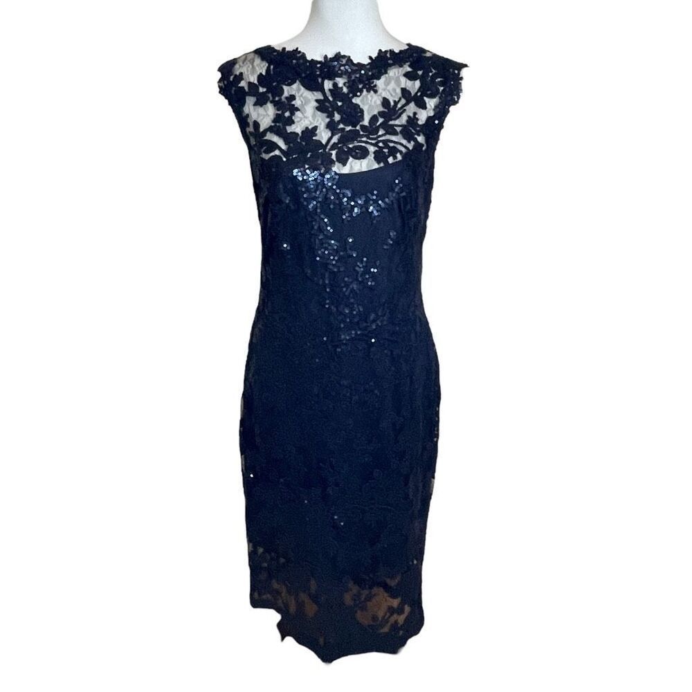 Tadashi Shoji Paillette Embroidered Lace Sheath Cocktail Dress Royal Navy Blue S